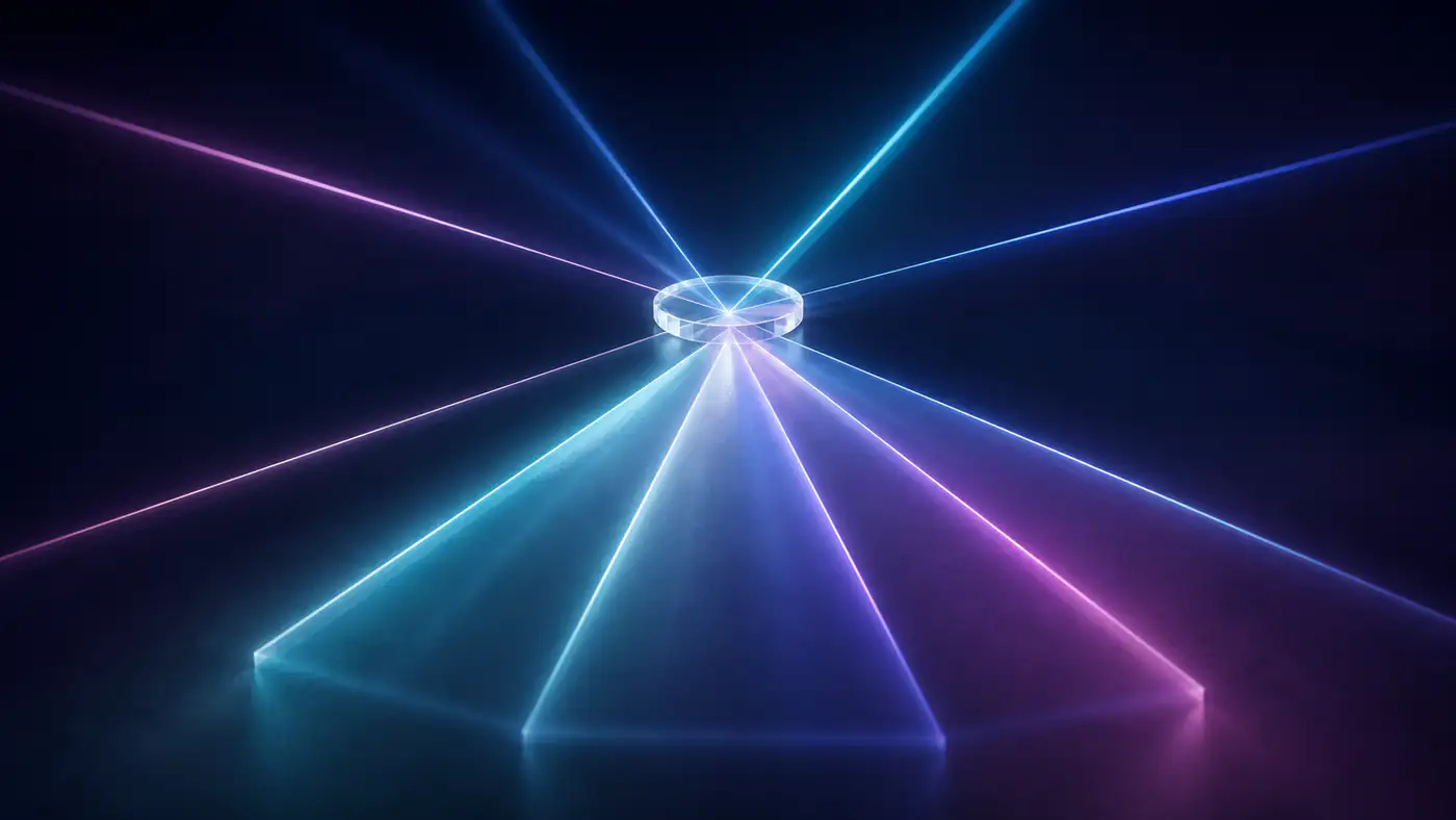 Different light rays meeting at one point before separating into distinct beams.