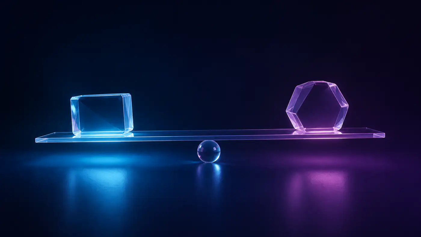 Two glass volumes held in balance under unequal pools of light.
