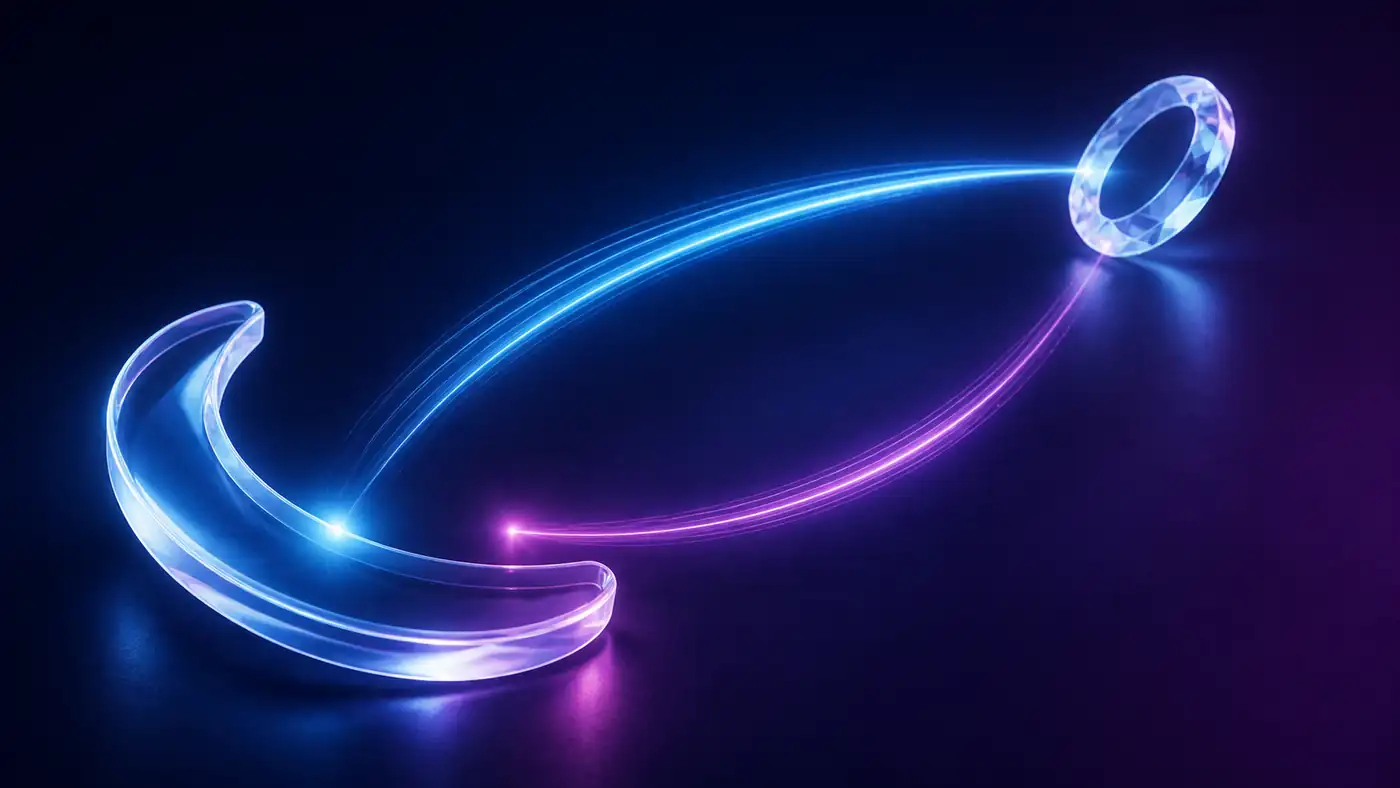 Separate glass forms linked by an outgoing light arc and a partial return.
