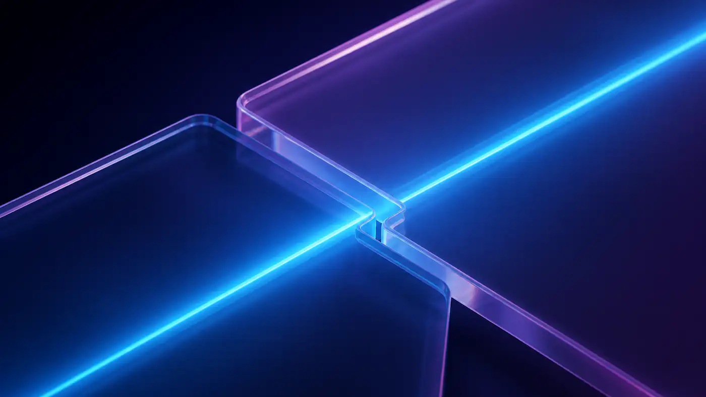 Precisely fitted glass surfaces carrying continuous light across their seam.