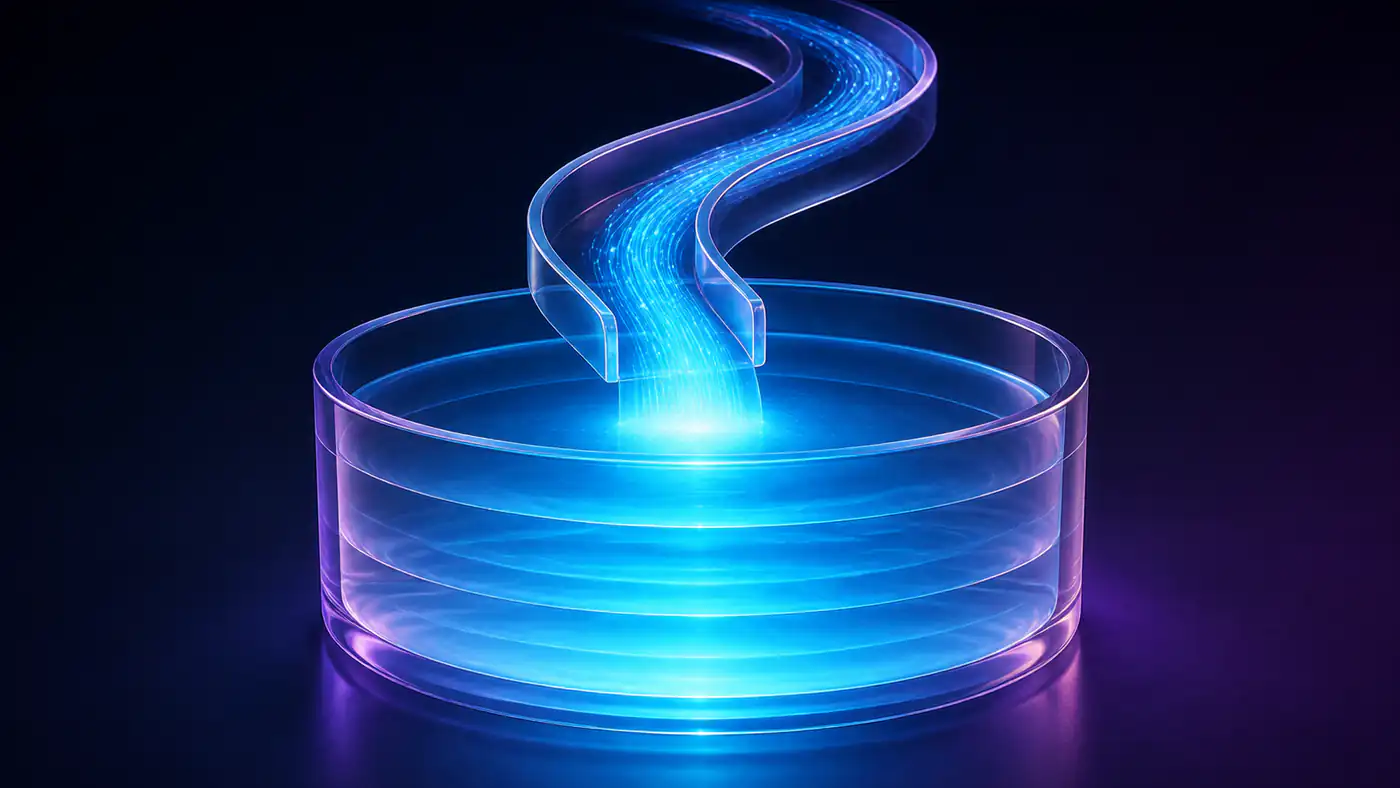 A curved glass channel filling a deeper glass chamber with light.