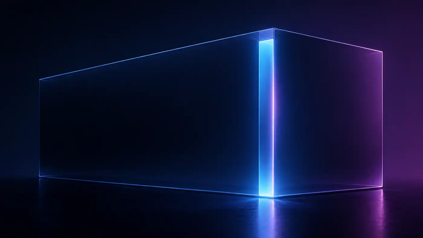 A narrow illuminated section within a large glass block.